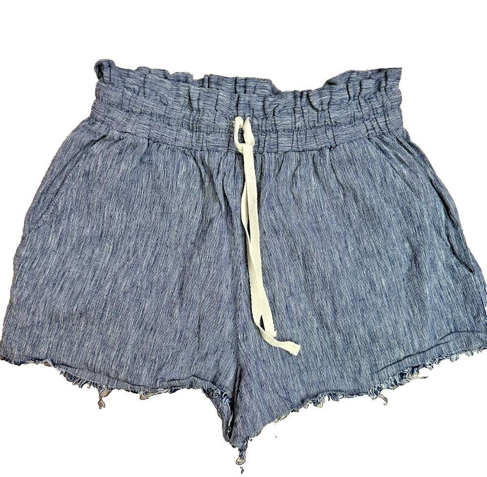 Blue Life Linen Chambray Shorts Coastal Euro Summer Resort Distressed S
